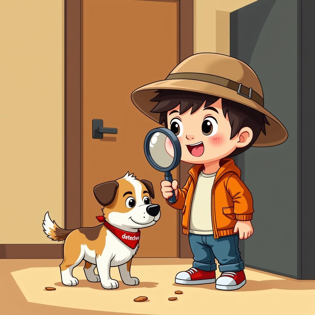 A cartoon detective dog helping a young boy find missing cookies