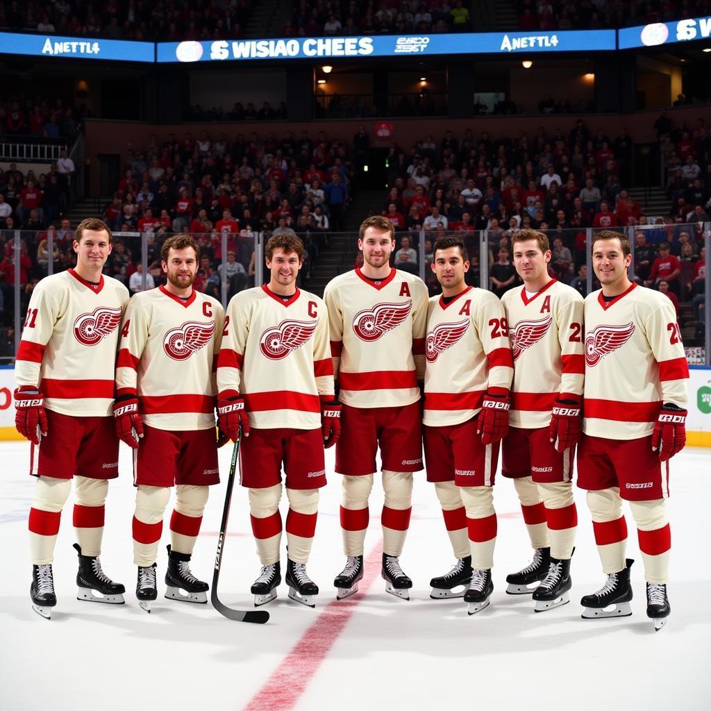 Detroit Red Wings players wearing the Winter Classic jersey at Wrigley Field during the 2009 game