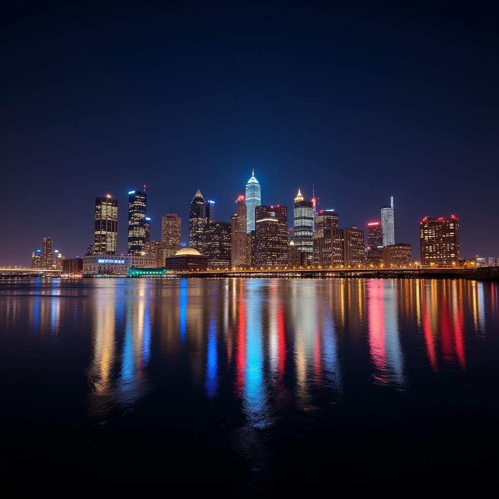 Detroit skyline at night with vibrant lights reflecting on the river