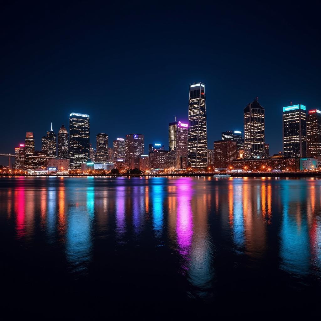 Detroit skyline at night with glowing buildings and reflections on the river