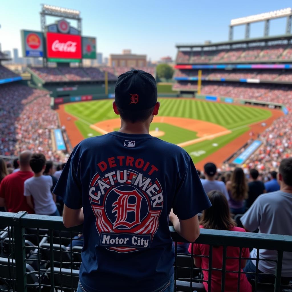 Detroit Tigers Fan Wearing Motor City T-Shirt at Comerica Park