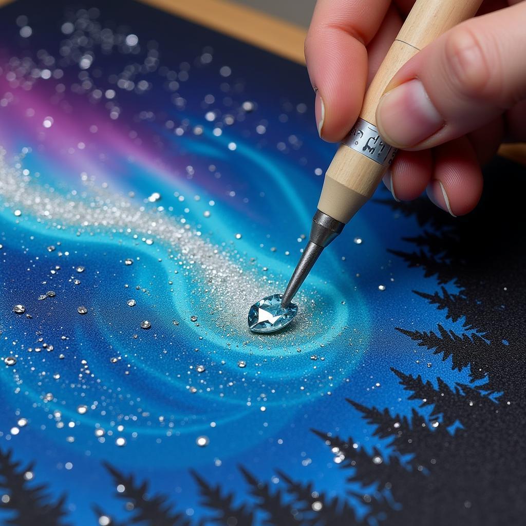 A diamond painting of the Northern Lights in progress, showcasing the process of placing individual diamonds onto the adhesive canvas.