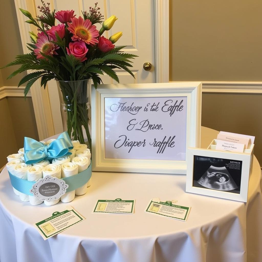 Beautifully decorated diaper raffle table at a baby shower