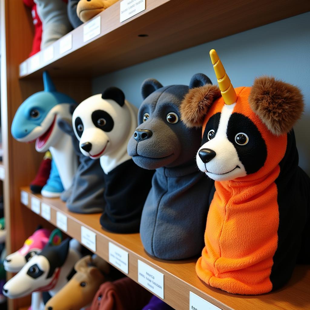 A variety of animal head golf covers displayed for sale in a golf shop