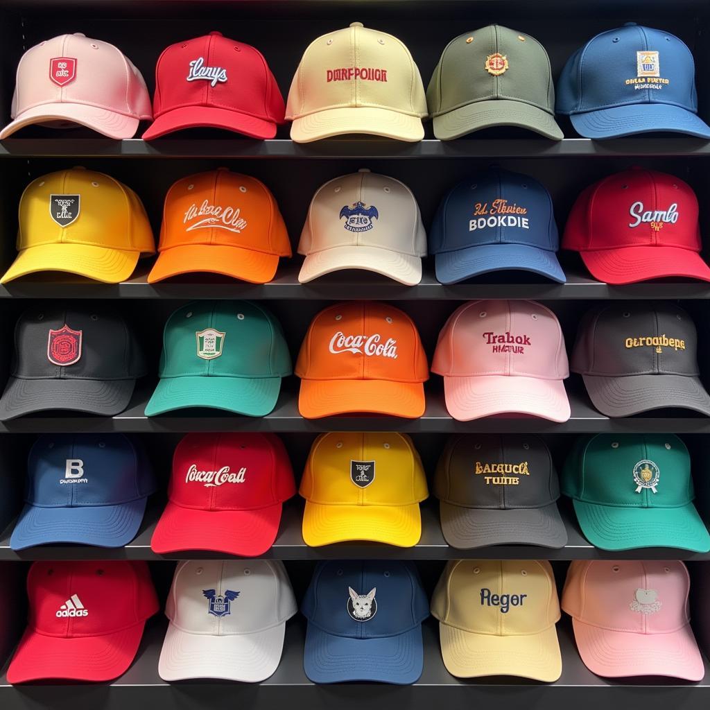 A collection of short billed caps in various colors displayed on a shelf.