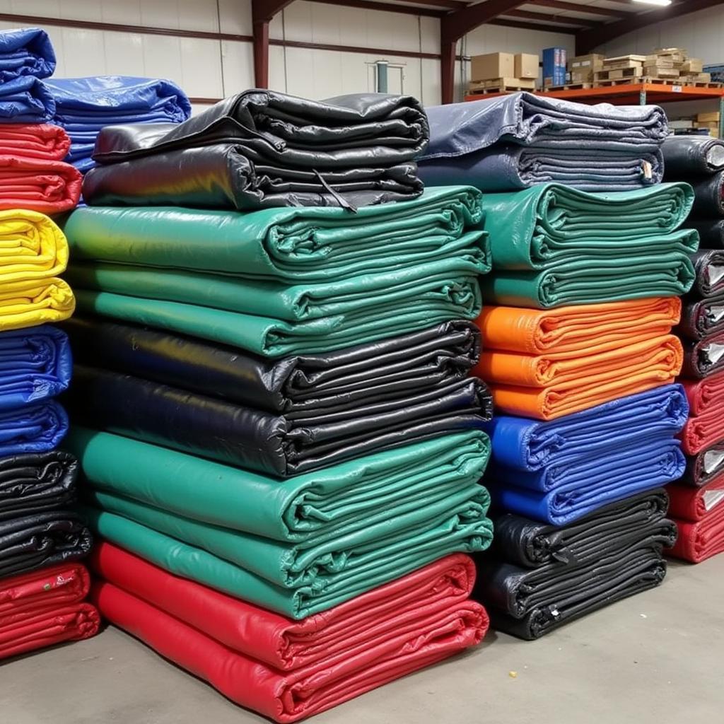 Different colors of 50x40 tarps neatly stacked in a warehouse