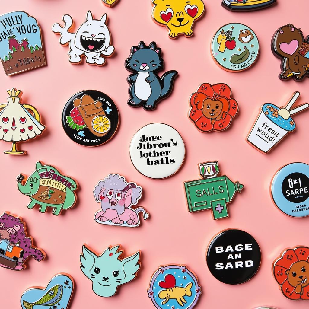 A collection of enamel pins with varying designs, themes, and sizes.