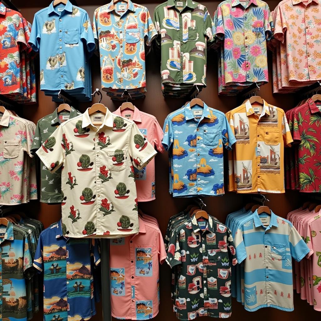 A variety of Hawaiian shirts with different prints hanging on a rack