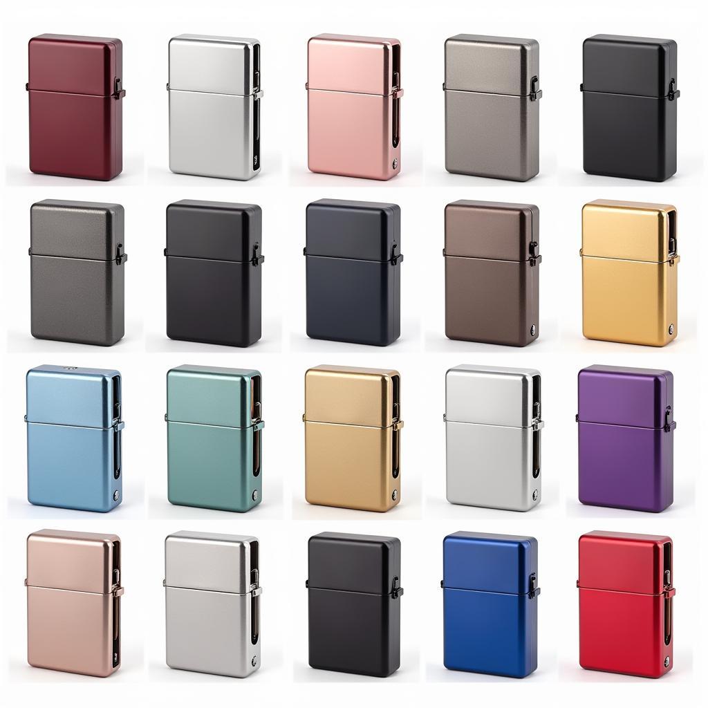 Various lighter metal case designs and finishes on display