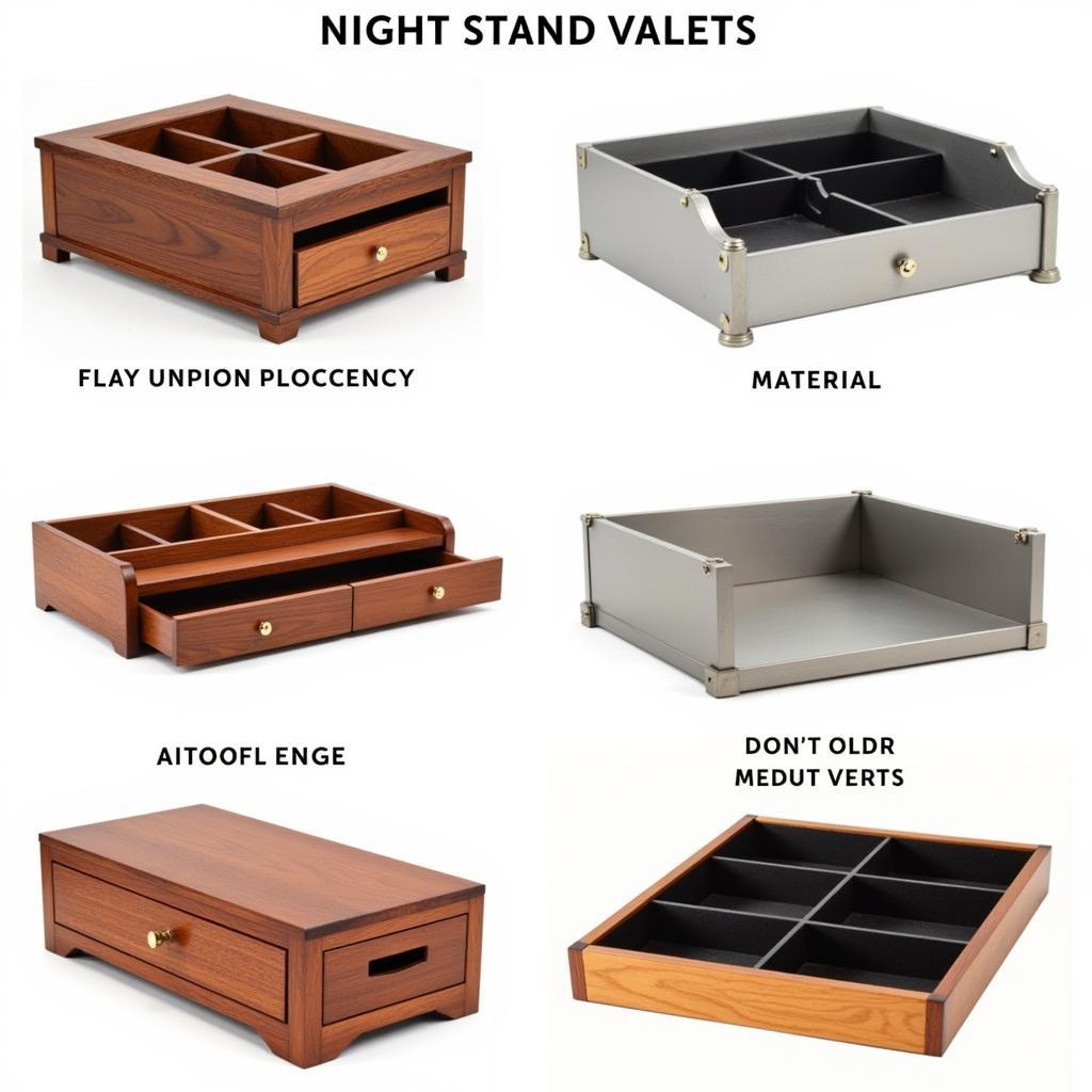 A variety of night stand valets made from wood, metal, and leather, showcasing different styles and storage compartments.