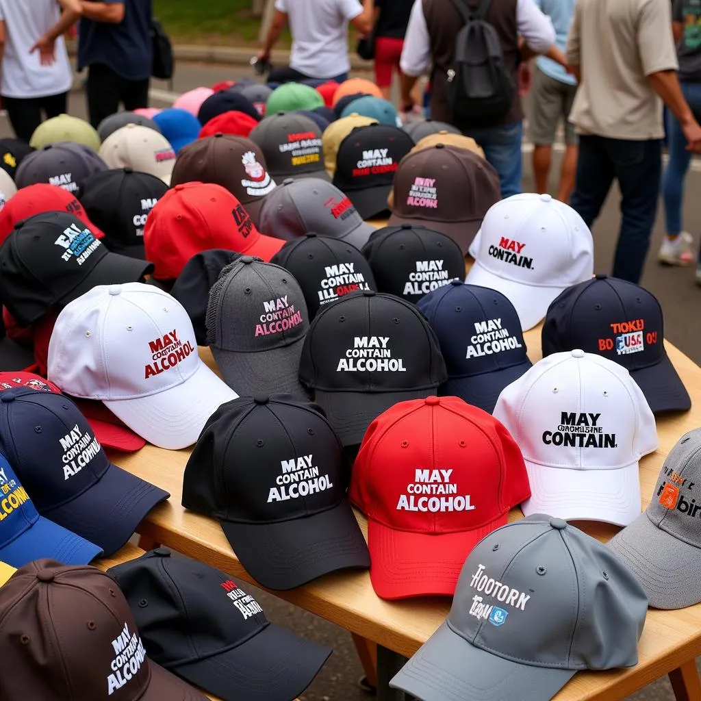 Various &quot;may contain alcohol hats&quot; on display