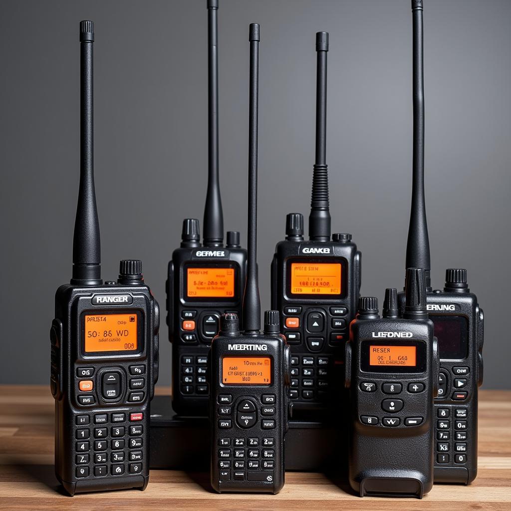 Various models of Texas Ranger CB radios displayed on a table