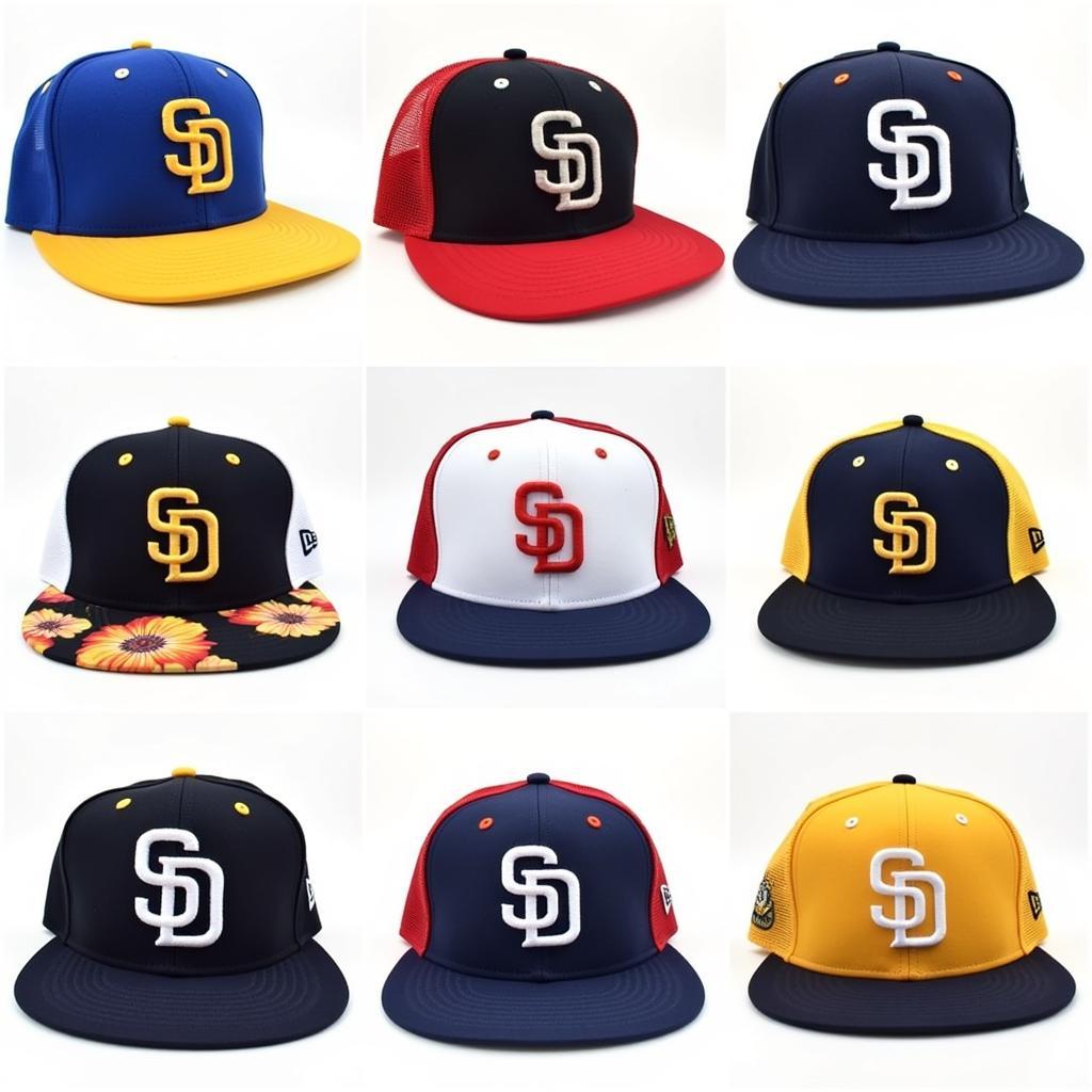 A collage showcasing the variety of Padres a frame hat styles available