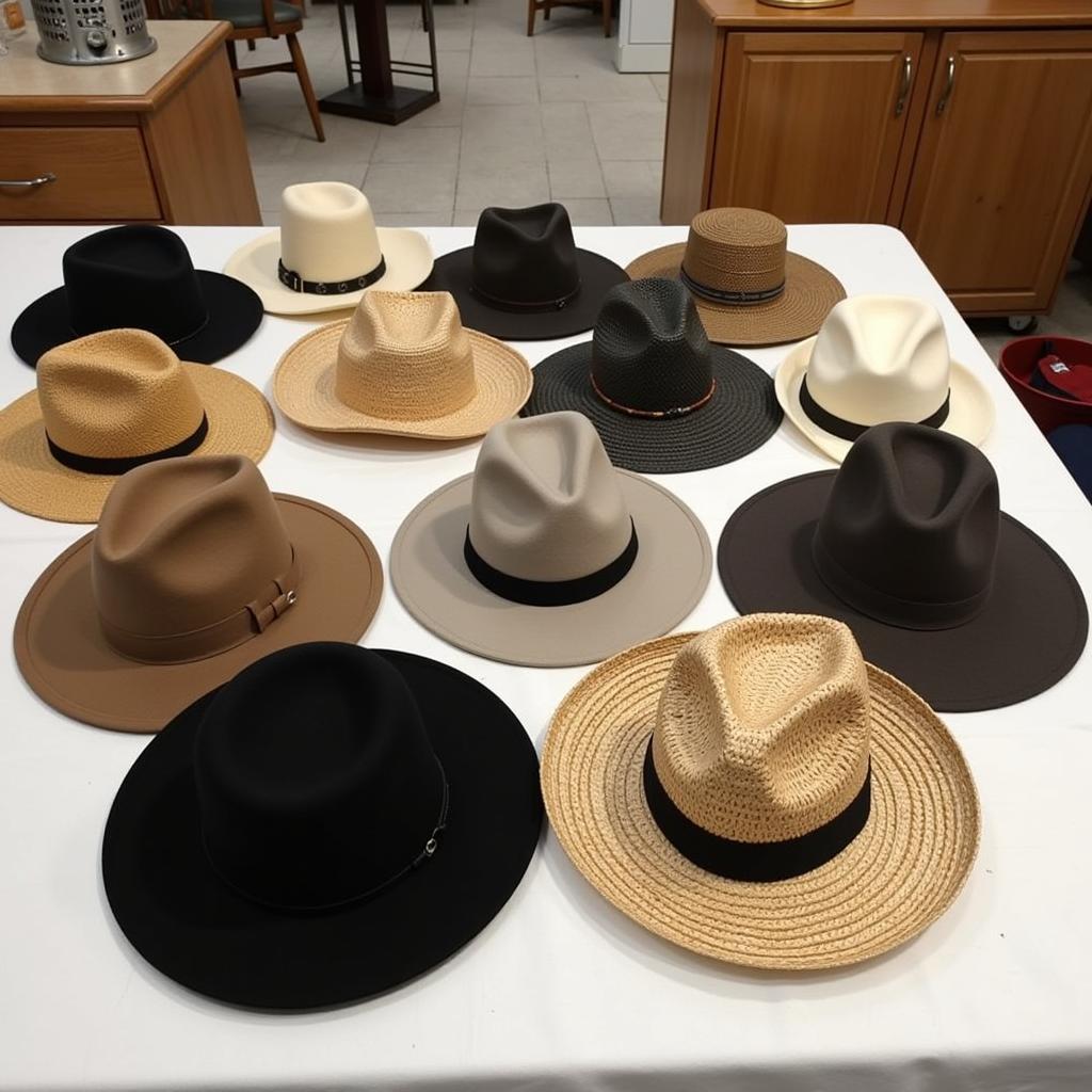 A variety of Santana hats in different colors and materials displayed on a table