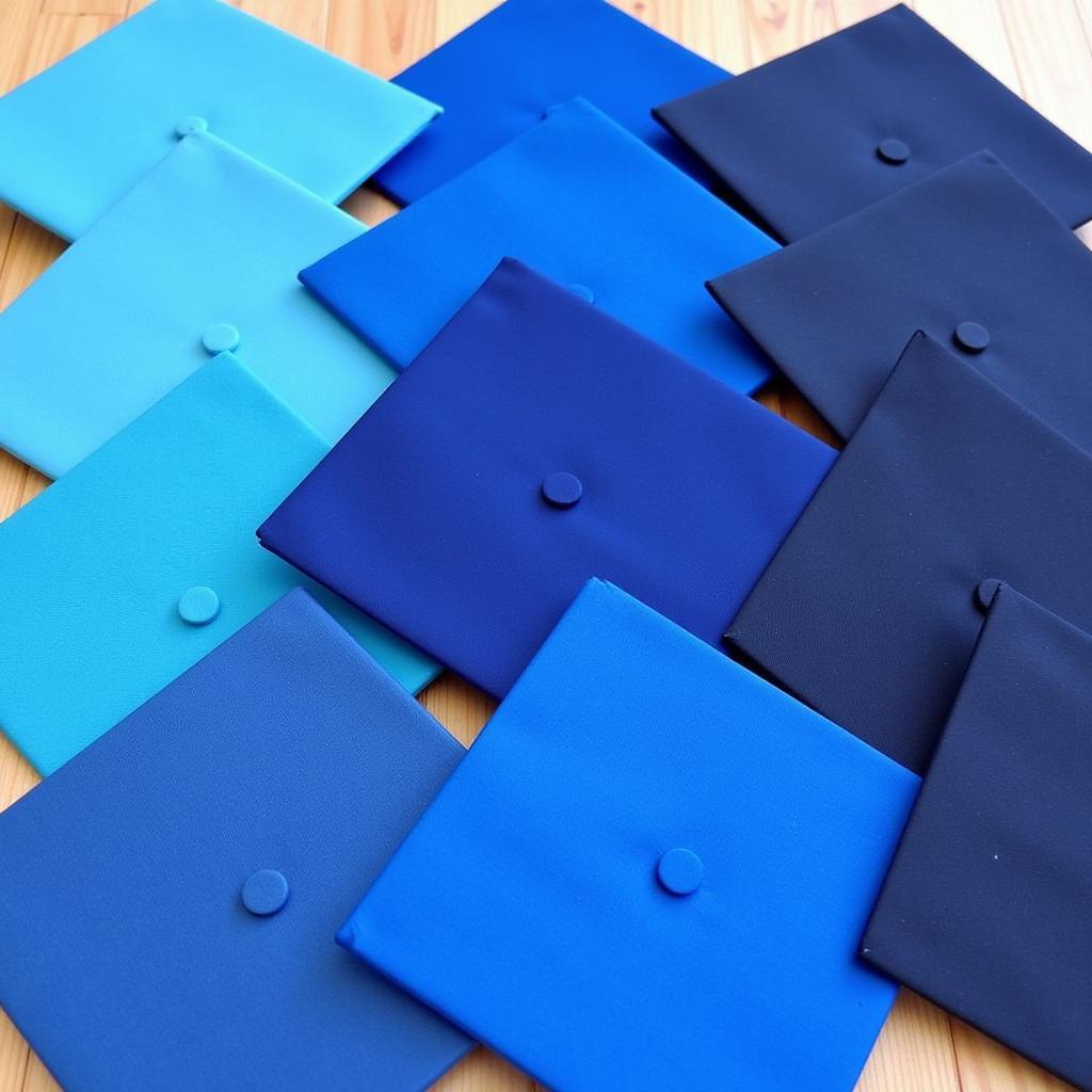 A variety of blue graduation caps in different shades