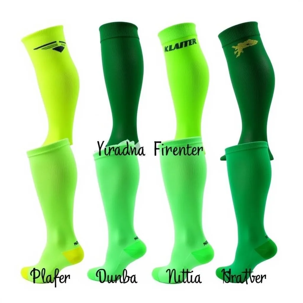 Various shades of green hockey socks displayed for selection