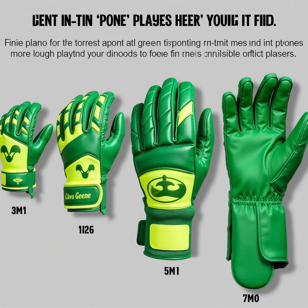 An assortment of green batting gloves in various sizes.