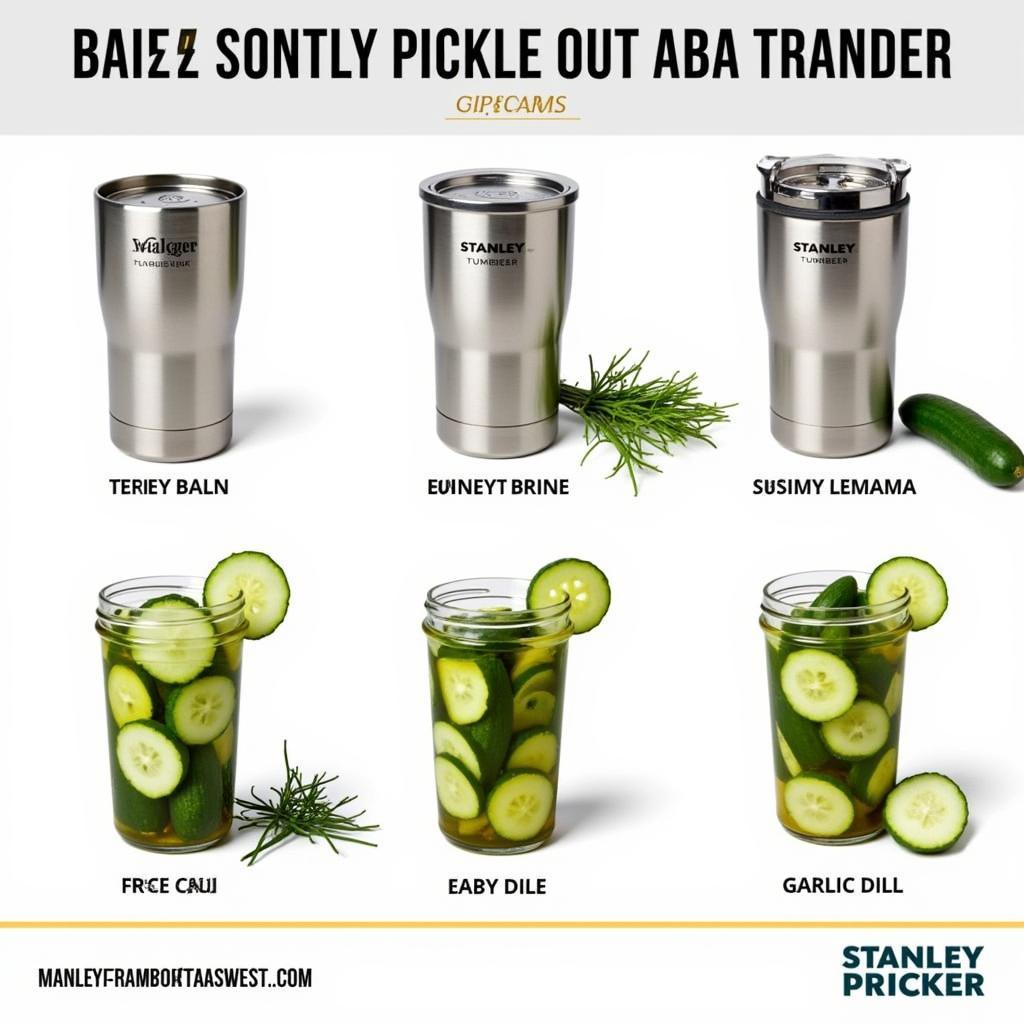 A variety of Stanley Tumblers showcasing different pickle brine flavors and cucumber combinations.