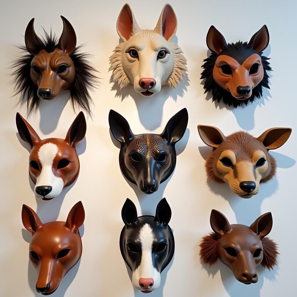 A display of various animal masks, showcasing different styles and designs