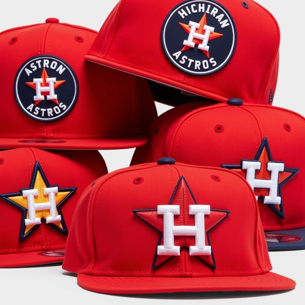 Different styles of Astros brick red hats displayed