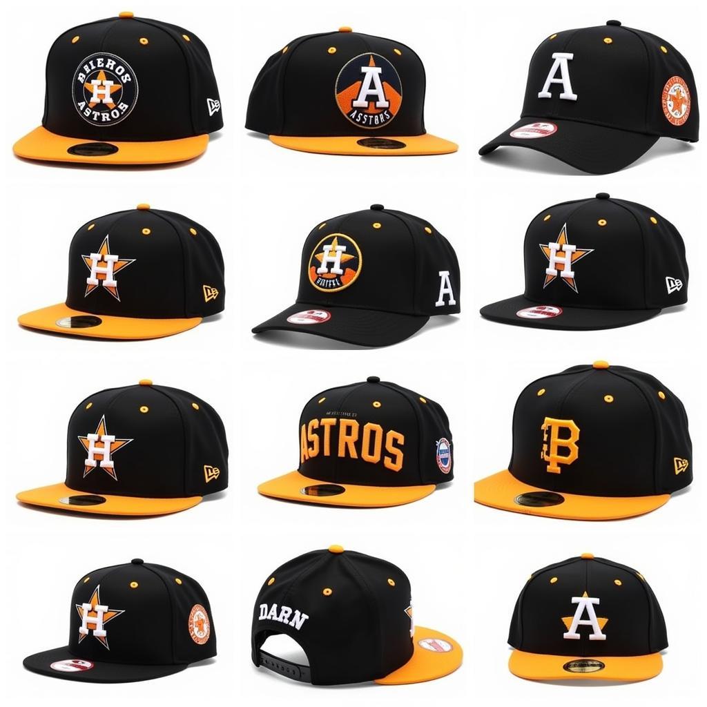 Various styles of black and gold Astros hats