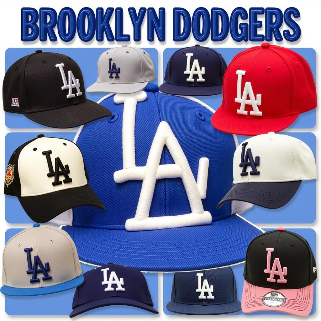 A display of various Brooklyn Dodgers hats with the number 42, showcasing different styles and colors