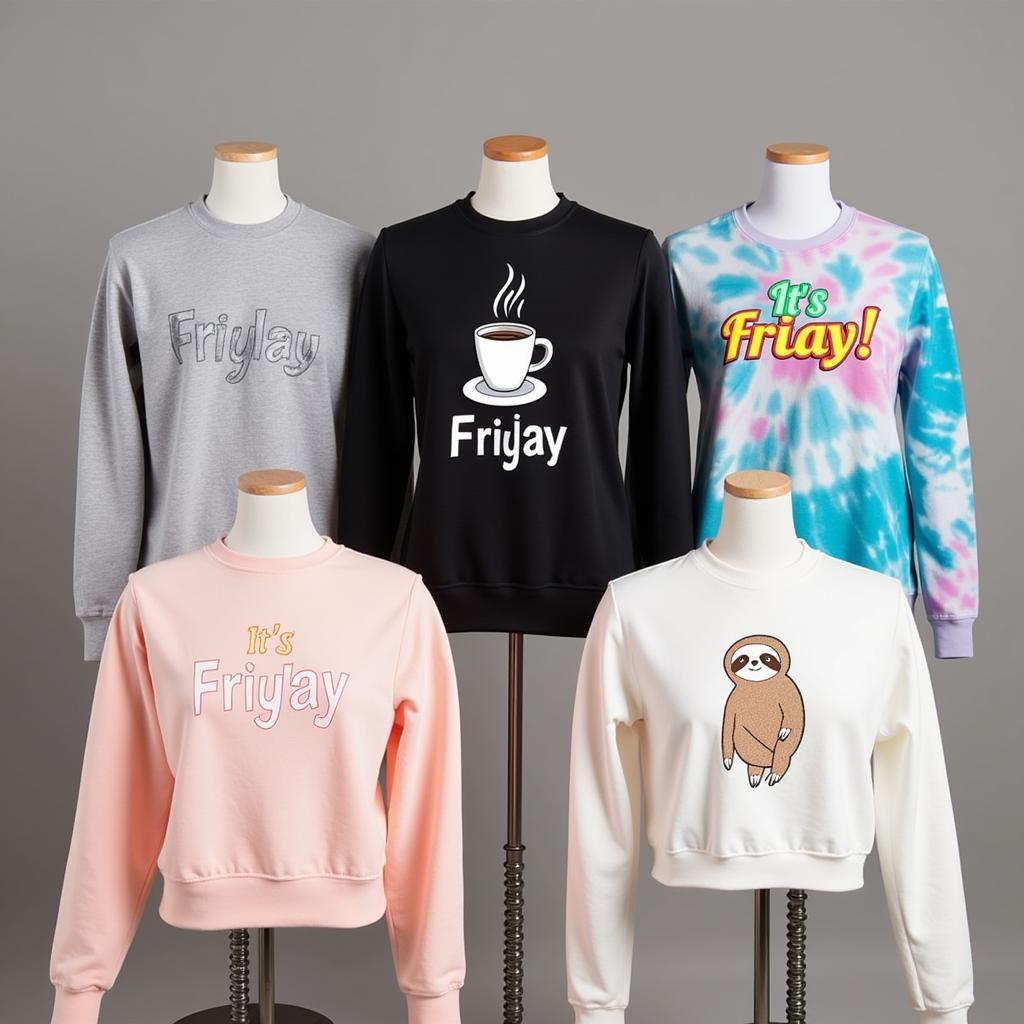 Various styles of Friyay sweatshirts displayed on mannequins