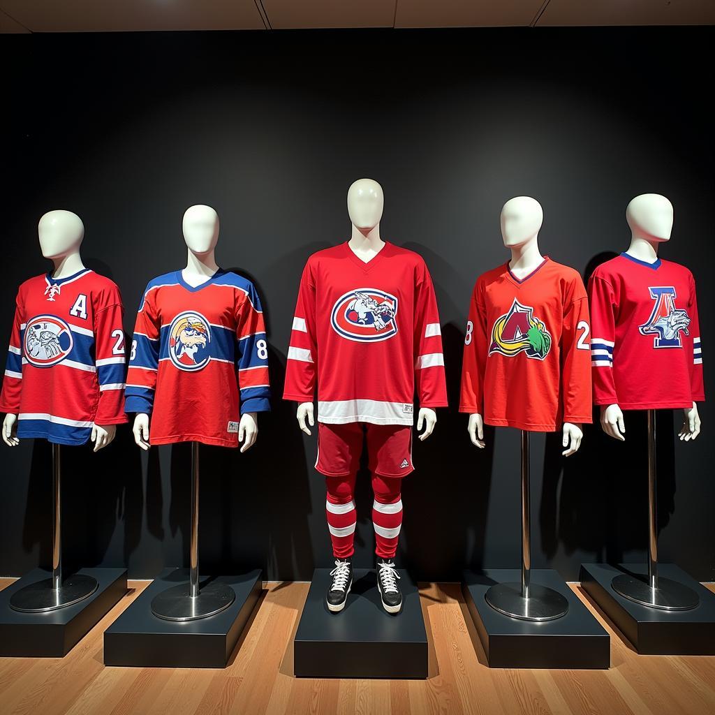 A variety of hockey jerseys displayed on mannequins