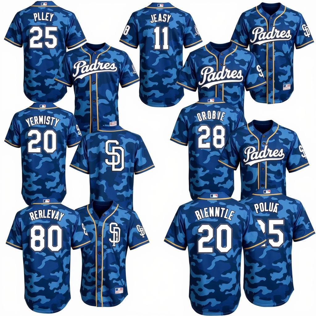 Various styles of the blue camo Padres jersey available for purchase