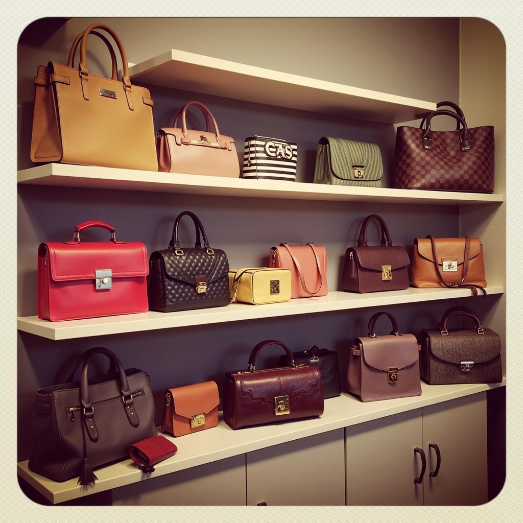 Various bridge handbags in different styles and colors displayed on a shelf