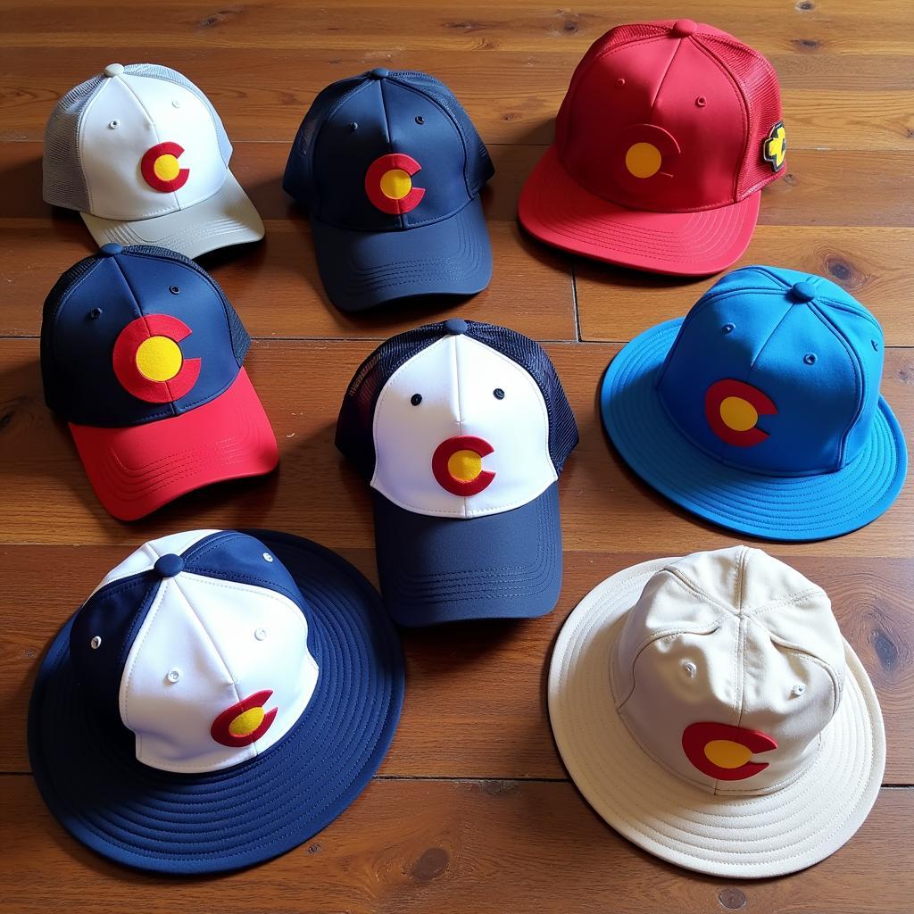 A variety of Colorado flag hats in different styles.