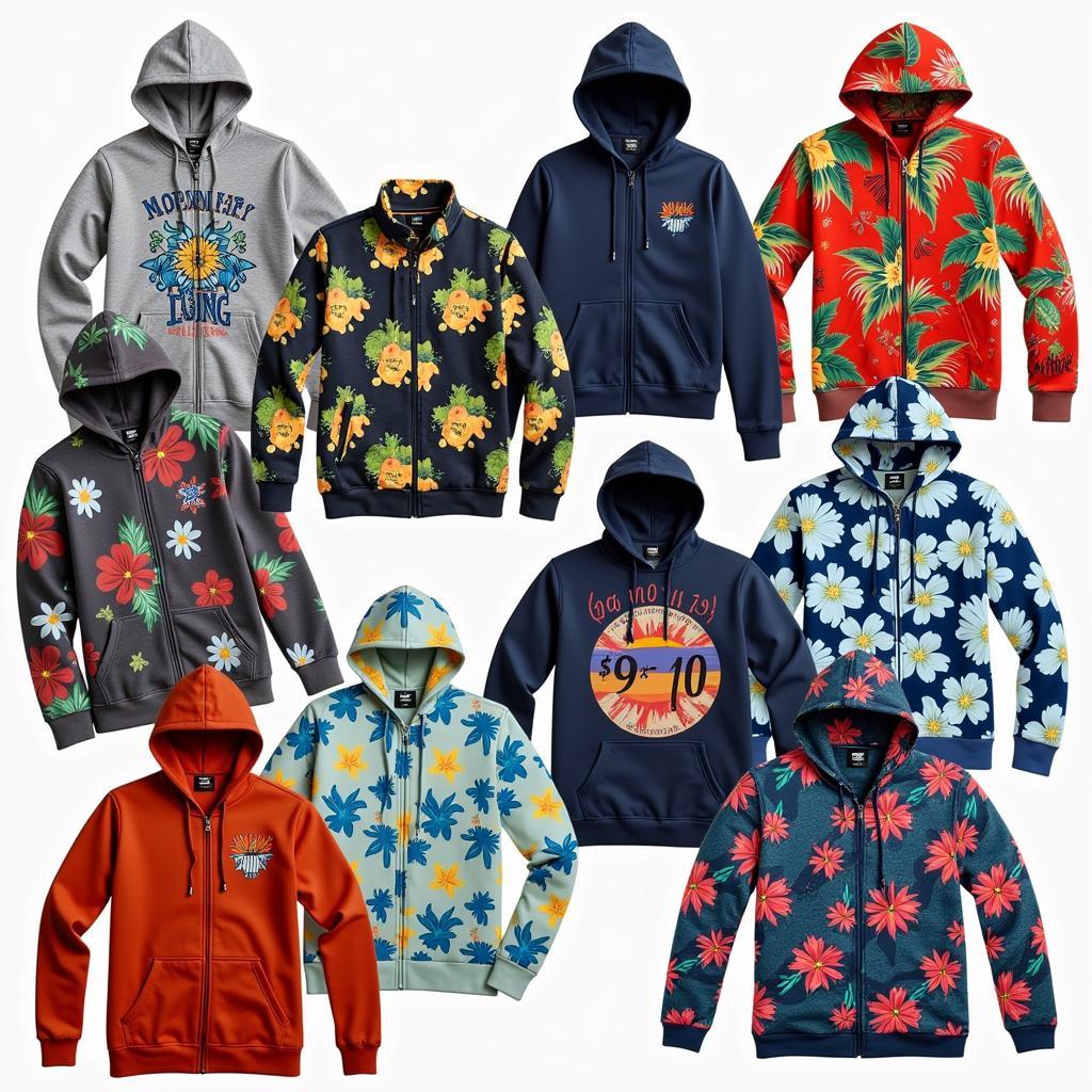 A variety of Hawaiian print hoodies showcasing different styles and colors