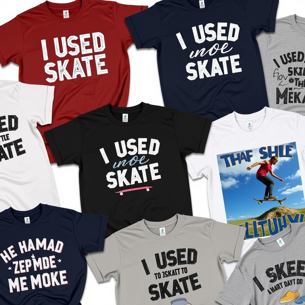 A collection of "I Used to Skate" t-shirts in various styles and colors.