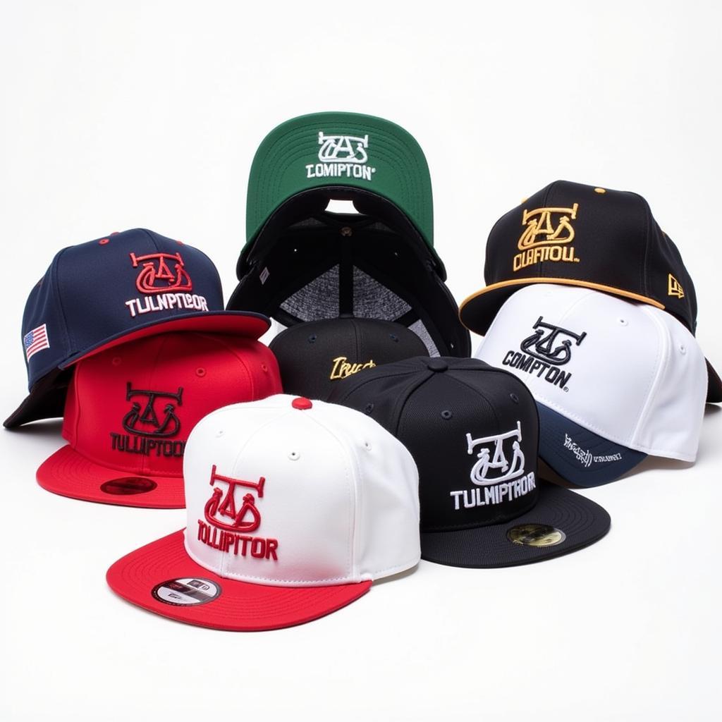 Various styles of New Era Compton hats displayed on a table