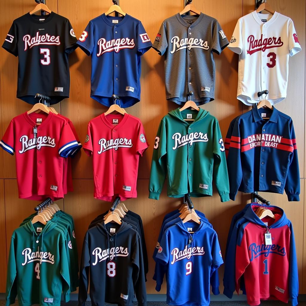 A variety of ranger shirts displayed in a store