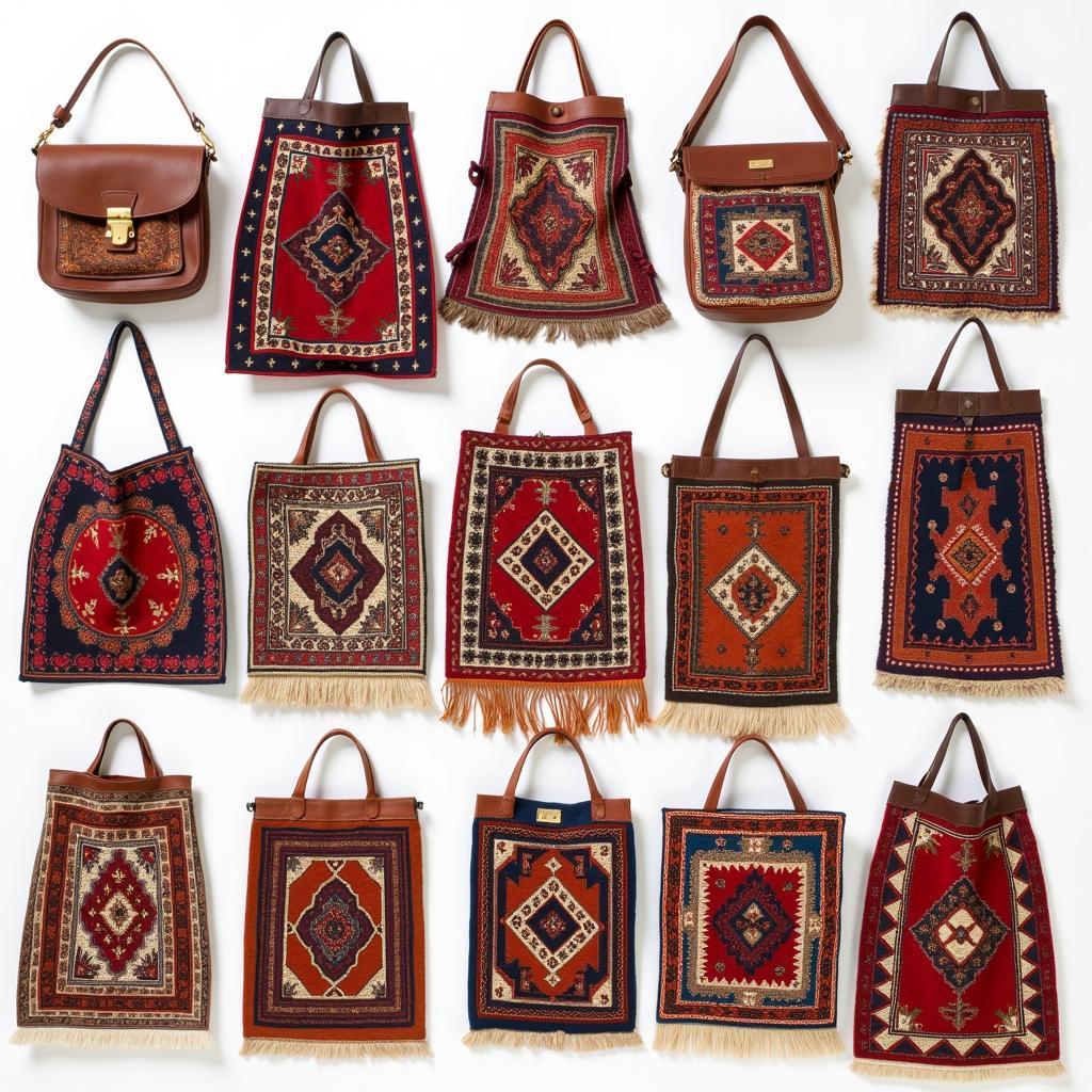 Different Styles of Vintage Carpet Bags Arranged on a Table