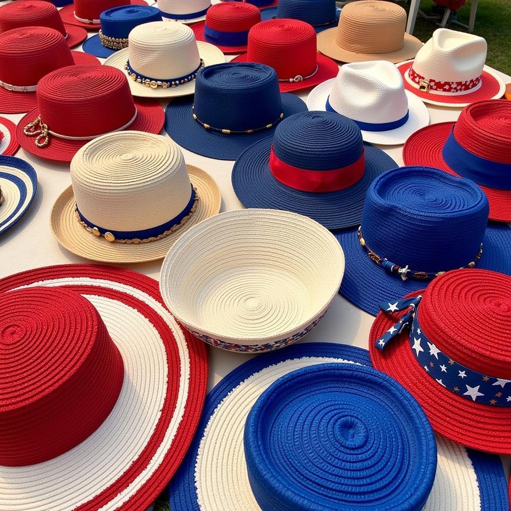 Different styles of red, white, and blue straw hats on display