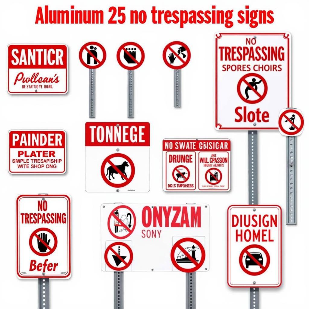 Various aluminum no trespassing signs with different sizes, shapes, and designs.