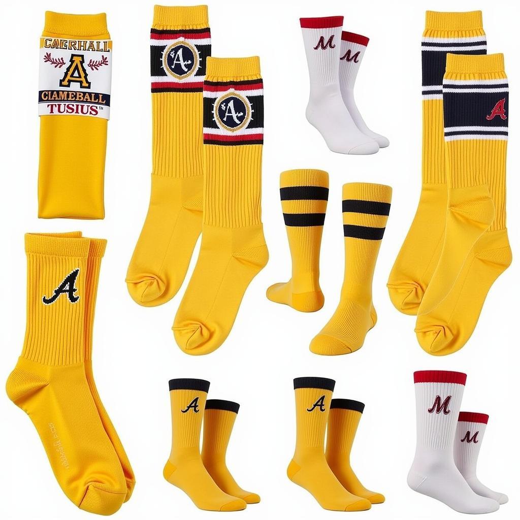 Various styles of gold youth baseball socks