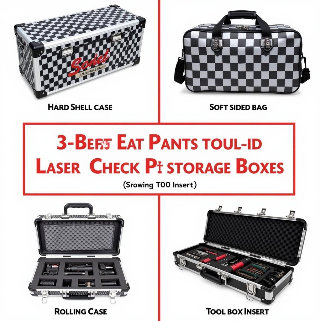 Various types of laser check storage boxes: hard shell case, soft-sided bag, rolling case, and toolbox insert.