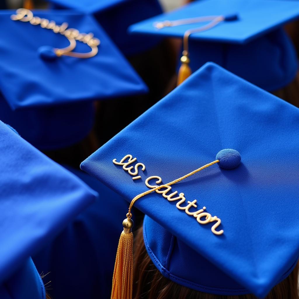 Various styles of blue graduation hats