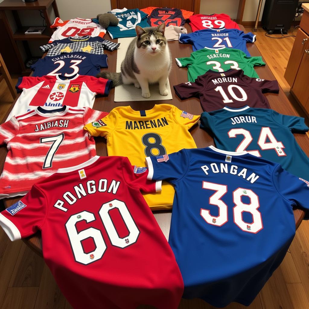 An assortment of cat soccer jerseys in various colors, designs, and sizes displayed on a table