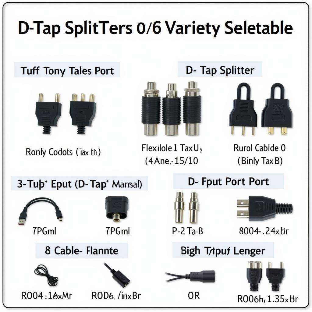 Various D-tap splitters with different numbers of ports and cable lengths.