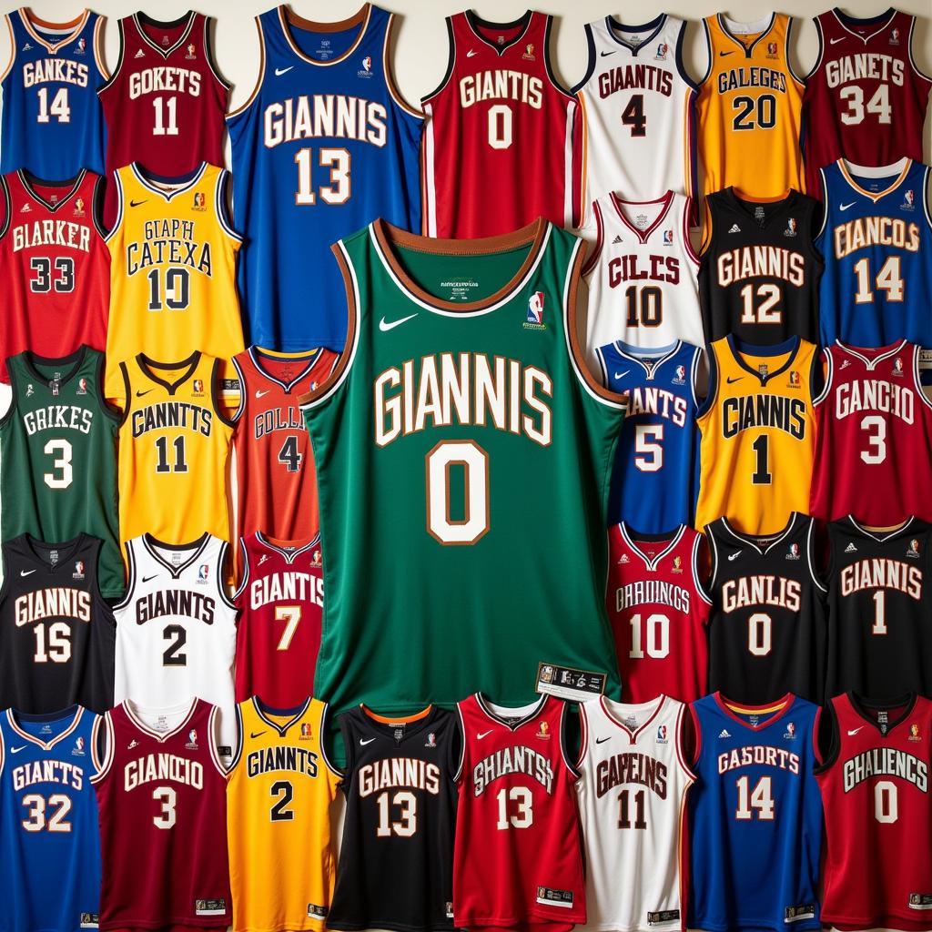 Various Giannis Antetokounmpo jerseys on display