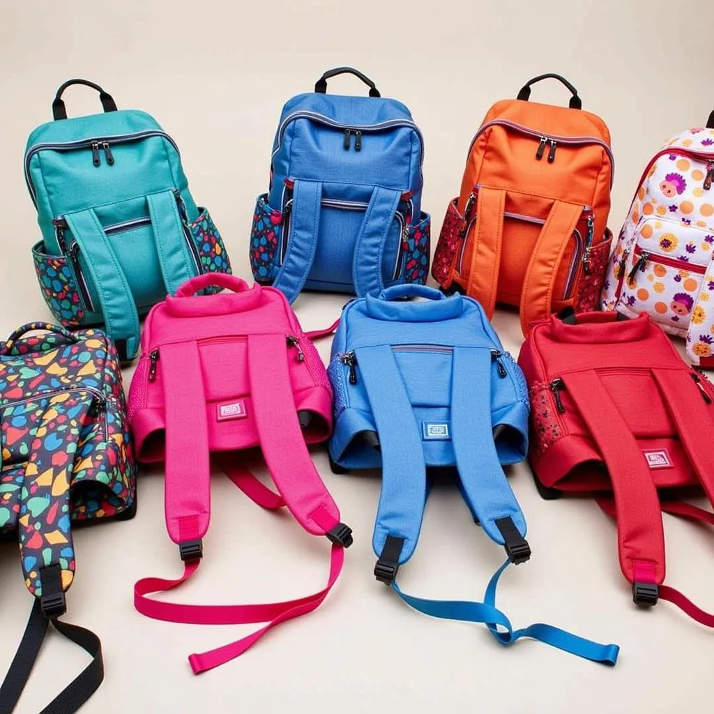 Variety of juice box backpacks displayed on a table