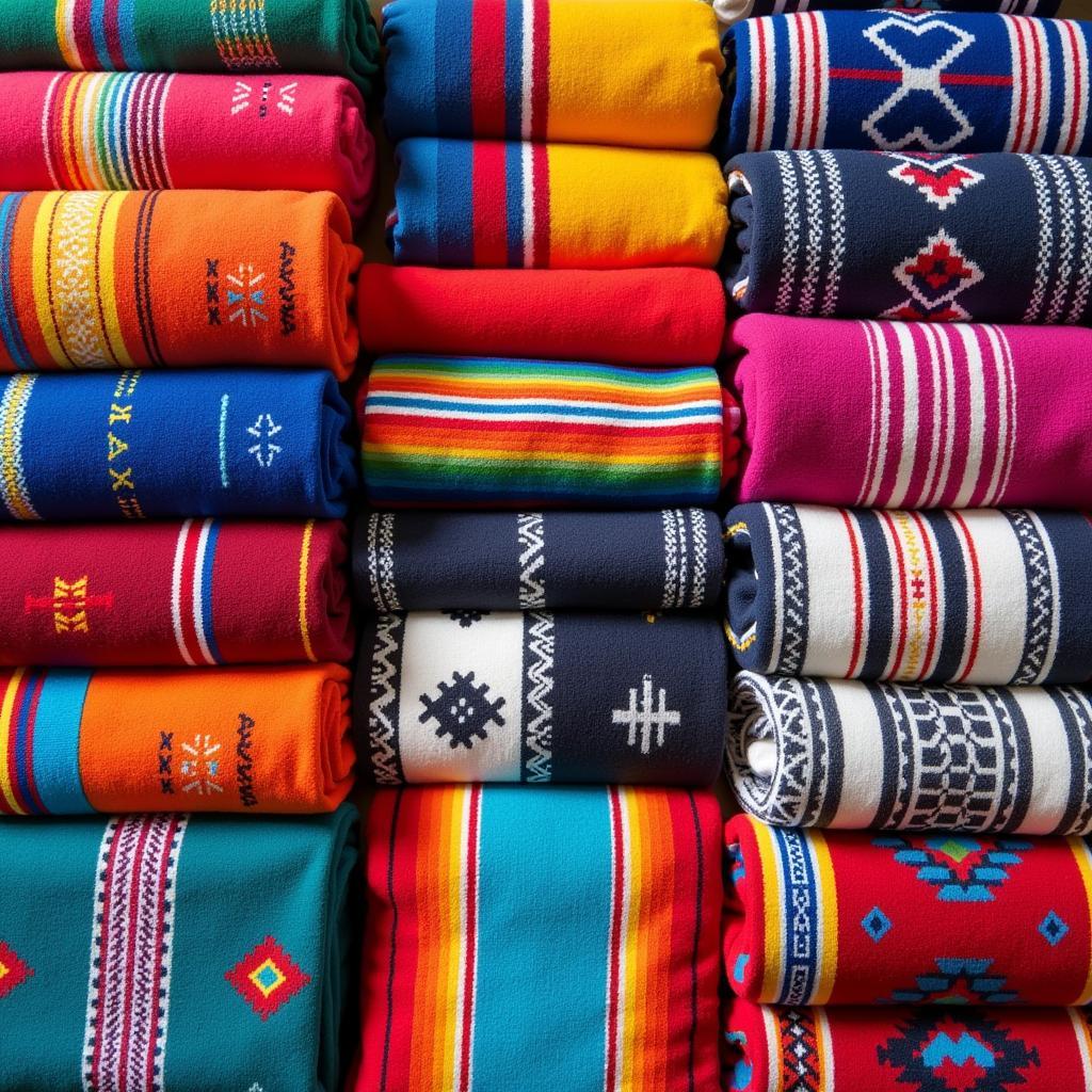 Various Mexican blankets with different colors, patterns, and materials.