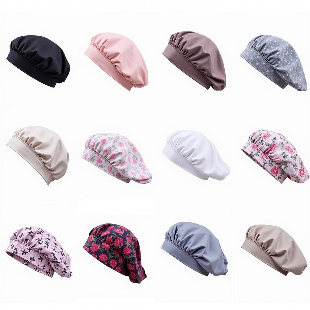 Various styles and fabrics of night caps for women.