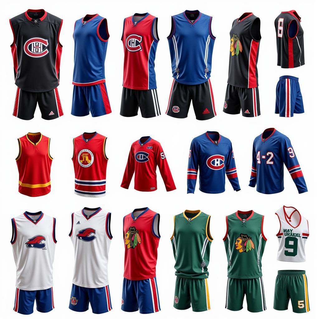 Various sleeveless hockey jerseys displayed in a sports store