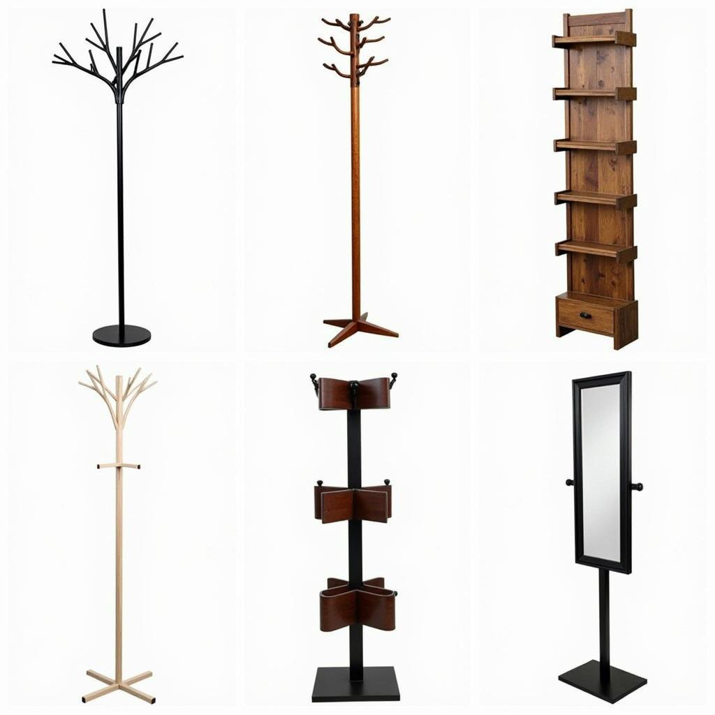 A variety of standing hat rack towers showcasing different materials and styles.