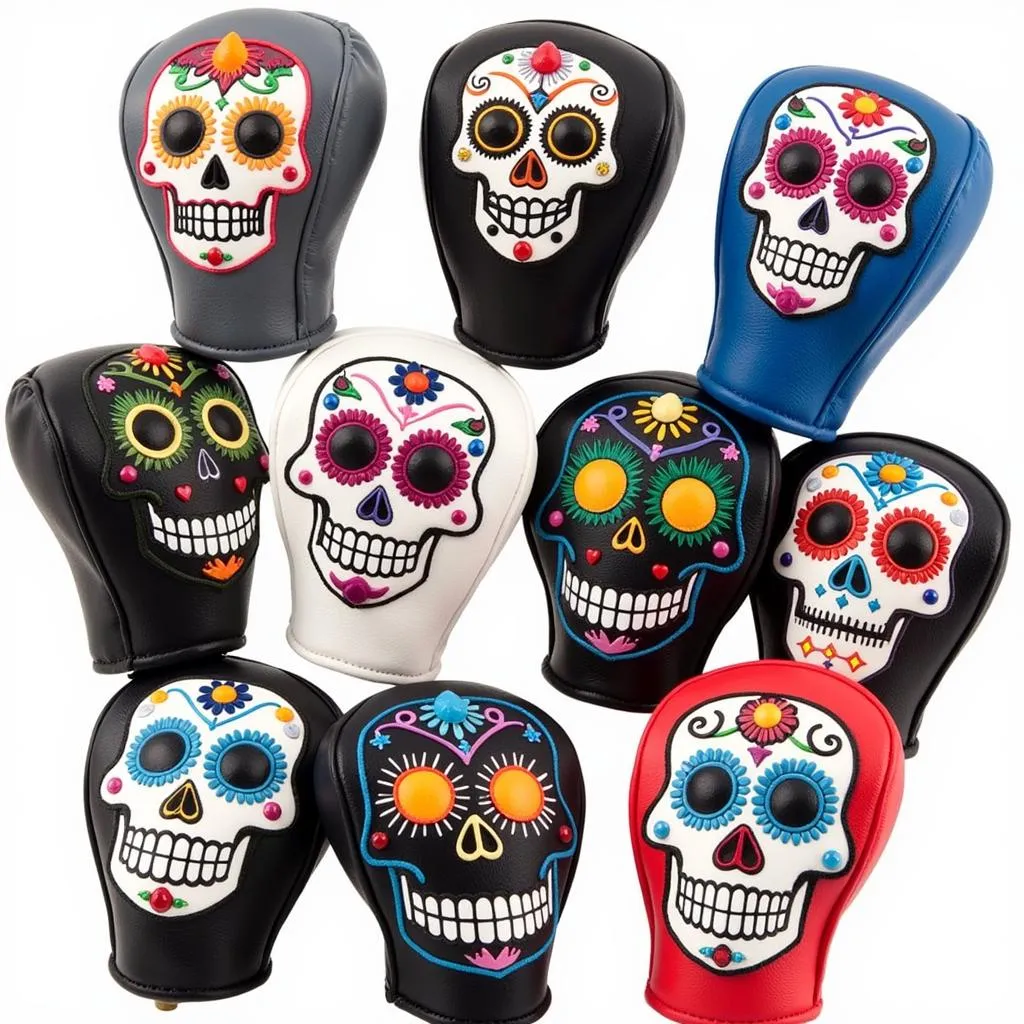 A variety of sugar skull golf head covers showcasing different designs and materials